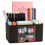 Wlevzzor Creative & Simple Desk Organiser, 7 Grids, Plastic Table Organiser with Drawer, Multifunctional Desk Organiser, Pen Holder for School, Office, Home (Black)