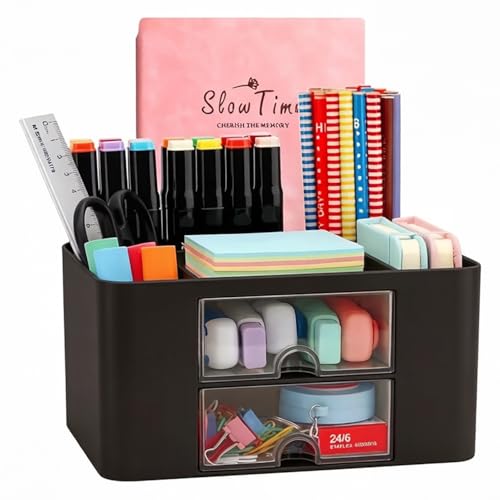 Kreativer & einfacher Schreibtisch Organisator, 6 kariert, Kunststoff Tisch Organisator mit Schublade, multifunktionaler Schreibtisch-Organisator, Stifthalter für Schule, Büro, Zuhause (Schwarz)