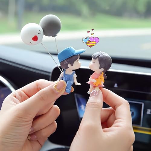 Image of Cute Car Decoration Lovely Couple Car Decoration Cute Cartoon Couples Action Figure Figurines Balloon Ornament Auto Interior Dashboard Accessories for Boys Girls Gifts (Blue hat,no Balloons)