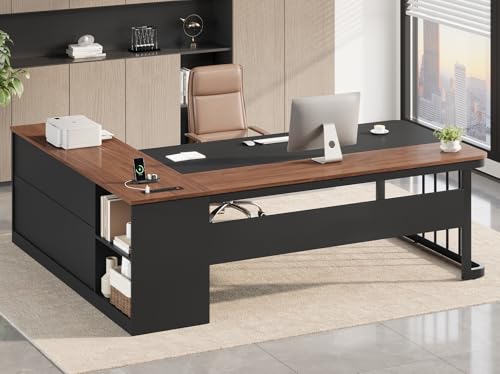 UPOSOJA 71' Executive Desk, Large Office Desk with Drawers & Storage Shelves, Modern L Shaped Computer Desk Corner Desk with Power Outlets, File Cabinet, Business Furniture Desk Workstation (Walnut)