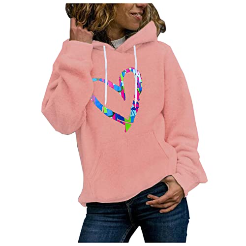 Chaconka Sudadera con capucha de manga larga con estampado de boca y corazón, color uniforme con capucha para mujer, talla grande y elegante, B-rosa., L