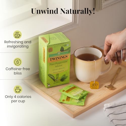 Image of Twinings Peppermint Flavoured Infusion, 25 Tea Bags| Pack of 1|Cool & Refreshing| Aids Digestion| Caffeine-Free| Made With Finest Ingredients| Enjoy as Hot or Iced Tea