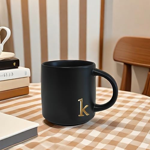 COLLECTIVE HOME Black Ceramic Coffee Mug, 15 oz Golden Monogram Tea Cup (k) - Image 5