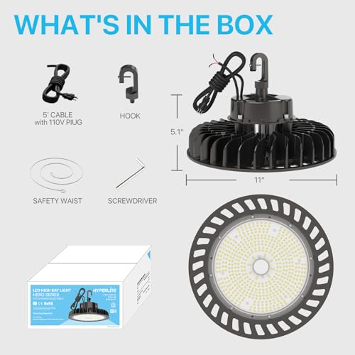Image of HYPERLITE 4Pack LED UFO High Bay Lights 250W 36,250lm 1-10V Dimmable 5000K 5' Cable with 110V Plug Hanging Hook Safe Rope UL Listed for Shopping Mall Stadium Exhibition Hall