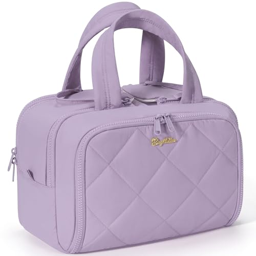 Travel Toiletry Bag, Large Wide-open Puffy Toiletry Bag for Women, Lightweight Quilted Makeup Bag Cosmetic Organizer with Handle Water-resistant Travel Essentials for Toiletries Accessories Lavender