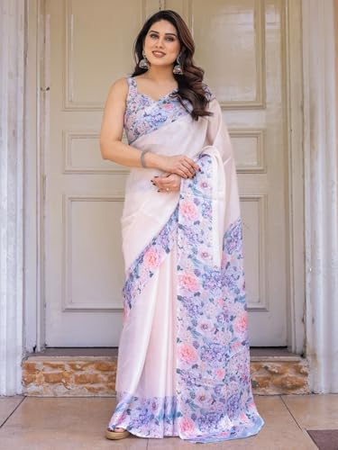 Image of ALMAARI FASHION Women's Floral Printed Georgette Satin Saree with Unstitched Blouse Piece | Traditional Ethnic Wear Sarees | Soft Lightweight Ethnic Office Wear Daily Wear Indian Sari (SG 181-190 SH)