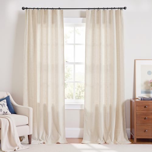 Image of jinchan Linen Curtains Light Filtering Back Tab 60x108 Inch 2 Panels Beige