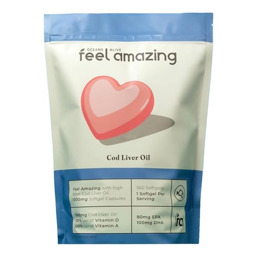 Feel Amazing Cod Liver Oil – 1000mg Softgel Capsules | High Strength Omega-3 with Vitamin A & D | 360 Softgels | One-A-Day | Supports Bone, Joint & Vision Health