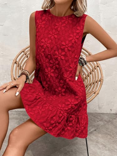 Image of SOLY HUX Women's Ruffle Hem Sleeveless Tank Dress Round Neck Casual Jacquard Hem Smock Summer Mini Dresses