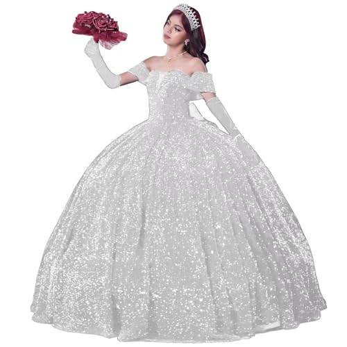 Mouccy Glitter Sequin Quinceanera Dresses Puffy Off Shoulder Ball Gowns with Bow Pleated Sweet 15 16 Dresses for Teens Long