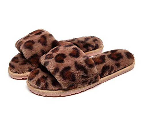 Crazy Lady Women's Fuzzy Fluffy Furry Fur Slippers Flip Flop Open Toe Cozy House Sandals Slides Soft Flat Comfy Anti-Slip Spa Indoor Outdoor Slip On (5.5-6.5 Narrow, 05/Coffee) #TOP1