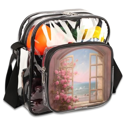 GzLeyigou Clear Crossbody Bag Stadium Approved Scenery Outside Window Transparent Bag for Festivals, Sports Events, Concerts,Beach Bag for Women Men Clear Purse with Front Pocket Messenger Bag