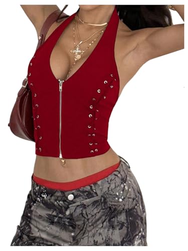 Floerns Women's Lace Up Halter Neck Top Zipper Sleeveless Backless Slim Fit Crop Tops