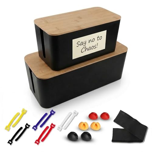 Cord Management Box Set &ndash; 2 Pack Cable Organizer Box to Hide Cords and Power Strip Kit with Clips...