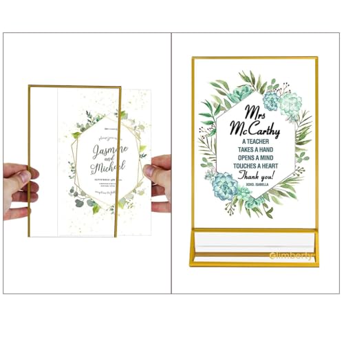 Image of Climberty 6 Pcs A6 Acrylic Gold Signage Holders,4 X 6 Inch Clear Picture Frames With Gold Borders And Vertical Stand,Double Sided Table Menu Display Stand For Restaurant Signs,Wedding Table And Photos