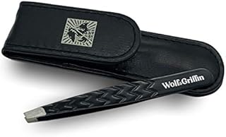 Wolf & Griffin Black Edition Ultimate Precision Tweezers with Case | Stainless Steel with Black Coating | Professional Slant Eyebrow Tweezers for Men and Women