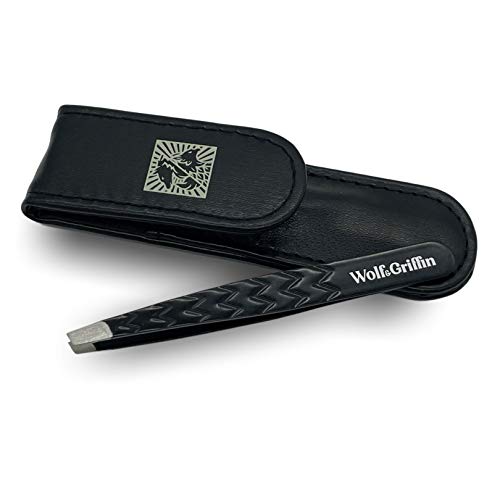 Wolf & Griffin Black Edition   Pinzas de precisión definitiva con funda, acero inoxidable con revestimiento negro, pinzas profesionales para cejas inclinadas para hombres y mujeres