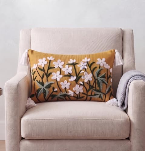 Image of Furnistitchs Boho Rectangle Cushion Cover 12x20 inches | Handmade Decorative Throw Pillow Case | Bohemian Home Decor Sofa Bed Cushion Cover Living Room Bedroom (1, Mustard Flowers, 12x20 inches)