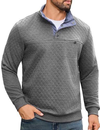 URRU Men's Quilted Sweatshirt Fashion Contrast Stand Collar Casual Quarter Button Long Sleeve Pullover Sweater Dark Grey L