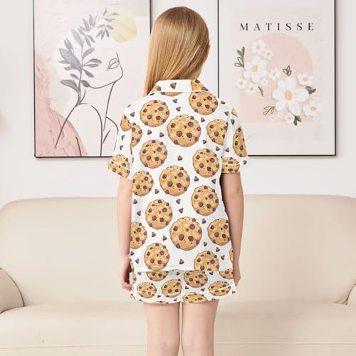 Chocolate Chip Cookies Prints Summer Satin Pajama Set, Cute Button-Down Sleepwear Pj Set for Sleep Wears4