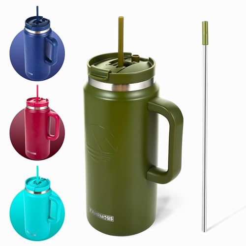 FAHRMOSIS 64 Oz Tumbler with Handle and Straw Half Gallon Water Bottle Stainless Steel Travel Mug for Hot & Cold Drinks, Reusable Water Bottle with Lids and Straw - Army Green