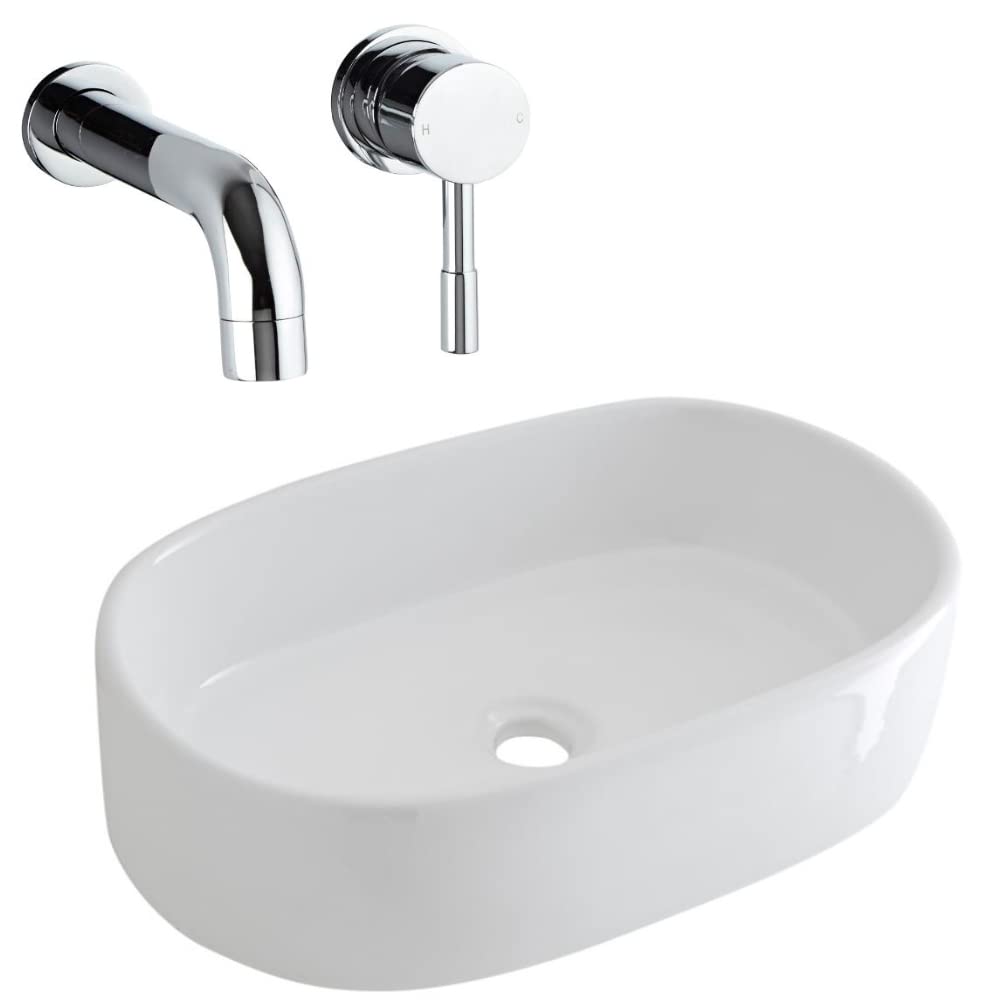 Milano White Overton Oval Countertop Bathroom Basin Sink Wall Mounted Mixer Tap - 575Mm X 360Mm