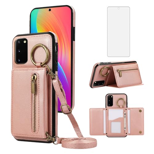 Compatible with Samsung Galaxy S20 FE 5G Wallet Case with Screen Protector and Crossbody Shoulder Strap Card Holder Cell Phone Cover for S 20 EF UW S20FE 20S S2O Fan Edition 4G G5 Women Rose Gold by Asuwish - Used condition - CA$9.75