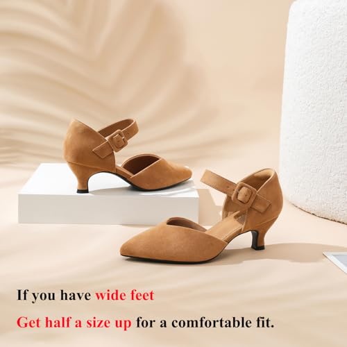 Image of RIBONGZ Comfortable Kitten Heels for Women Pointed Closed Toe Ankle Strap Buckle Heels Slip on Low Heel Church Pumps Wedding Bridal Party Dressy Shoes