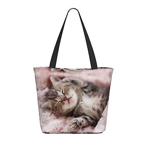 HAZURE Sac à main en toile avec motif chat endormi - Sac de courses en polyester pour femme, Noir , Taille unique