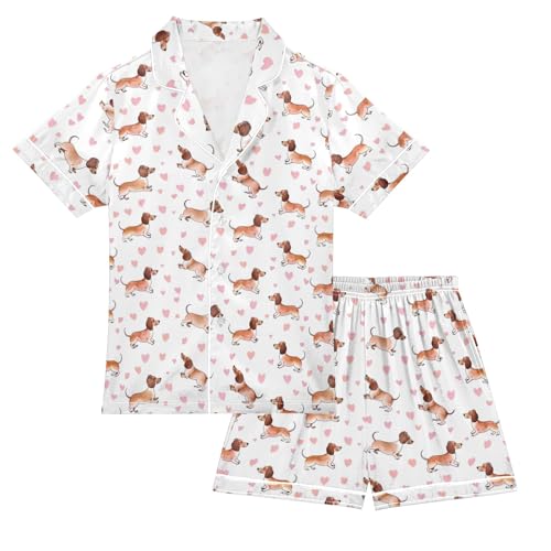 Cute Little Dachshund Puppy Summer Satin Pajama Set, Cute Button-Down Sleepwear Pj Set for Sleep Wears