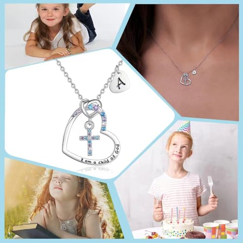 Cross Necklace for Girls | I am a child of God Necklace for Girls | Cross Birthstone Necklace | Heart Letter initial Necklace | 18K White Gold Plated Pendant Jewelry First Communion Baptism Gifts Christmas Birthday Gifts for Girl Women4