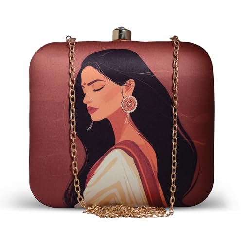 Artklim Brown, Indian Women in Saree Printed Quirky Designer Clutch Purse for Ladies - Funky Sling Bag - Detachable Golden Chain Strap - Box Shape Handbag