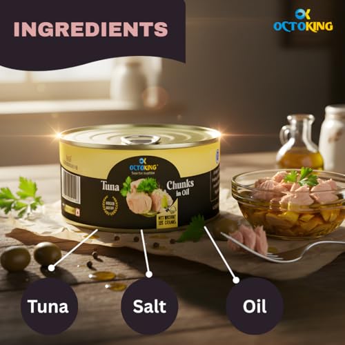 Image of Octoking Light Meat Tuna Chunks in Oil 185g (Pack of 3) | Premium Canned Tuna Fish | High Protein Ready-to-Eat | Rich in Omega-3 | High Protein Seafood | Ideal for Sandwiches, Salads, Pasta & Meals