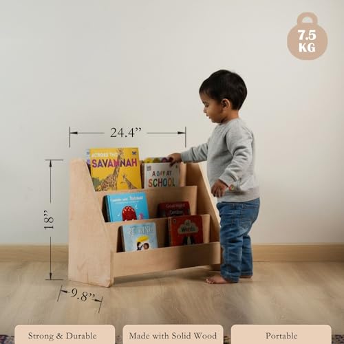 Image of Montessori Book Shelf for Kids and Toddlers - Wooden Book Organizer and Reading Rack for Nursery, Study Room, or Bedroom - Child-Safe Bookshelf for Home Use (Brown)