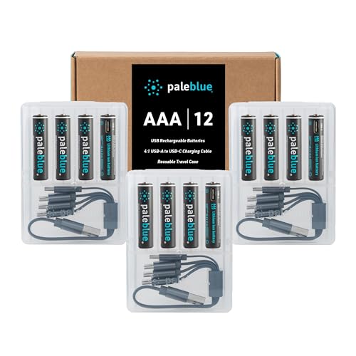paleblue USB Rechargeable AAA Lithium Batteries, 1 Hour Charge Time, Recharge Over 1000 Times, 600 mAh, 4-in-1 USB-A to USB-C Charging Cable, 12 Pack