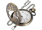 Realpoo Bronze Hollowed Gear Design Cover Quartz Pocket Watch, Roman Numerals Digital White Dial with Chain for Men