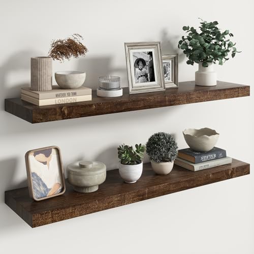 Image of RICHFOCUS Elm Floating Shelves for Wall - 40 inch W x 9.3 inch D Rustic Solid Wood Shelves with Invisible Bracket, Wall-Mounted for Living Room, Bedroom, Kitchen Storage & Display, Set of 2, Walnut