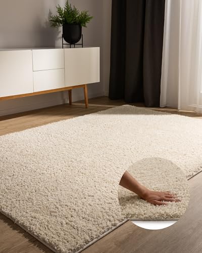 benuta Basic Hochflorteppich Teppich Wohnzimmer Sohari - Creme 160x230 cm - Minimalistischer Look - Weich & Waschbar - Für Schlafzimmer, Flur oder Esszimmer - Geeignet für Fußbodenheizung