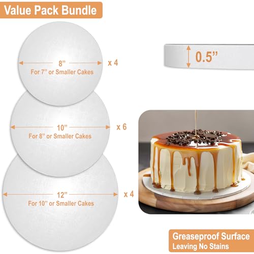BOARDS+ Cake Board Drums 8, 10 & 12 Inch (3 Sizes, 14 Pack Total) | 1/2\" Thick Cake Board Rounds | Free Prop Up Tool & Matching Ribbon | Sturdy, Seamless & Greaseproof Cake Circles For Presenting Heavy/Tiered Cakes