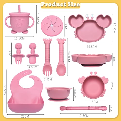Kinyoda Avvänjningsklaff, 10 delar barnkalkset, halkfri geléset med sugkopp skål, babybestickset för mat, BPA-fri (rosa) - Image 3