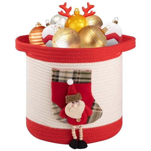 Image of OIAHOMY Ornament Storage Basket with Santa Stocking, Christmas Ornament Storage with Handles, Empty Gift Basket for Towels, Clothes, Books Use in Living Room, Kids, Pet Toy Basket - Red