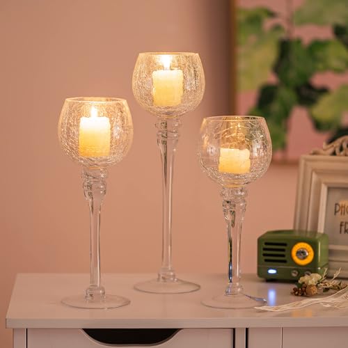 Romadedi Lot de 3 photophores en verre - Hauteur : 23,5/25,5/31,5 cm - Pour bougies chauffe-plat, décoration de salon, table de mariage, chambre