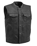 First Mfg Co Sharp Shooter Men's Motorcycle leather Vest - Classic Bike Riding Vest - Banded Collar, Covered Snaps, YKK Zippers (Black-Large)