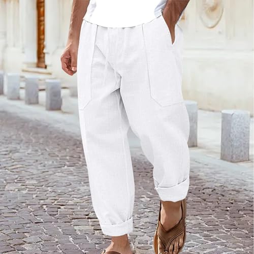 Lightweight Work Pants for Men Solid Elastic Waist Casual Summer Vacation Beach Breathable Linen Pants with Pockets2