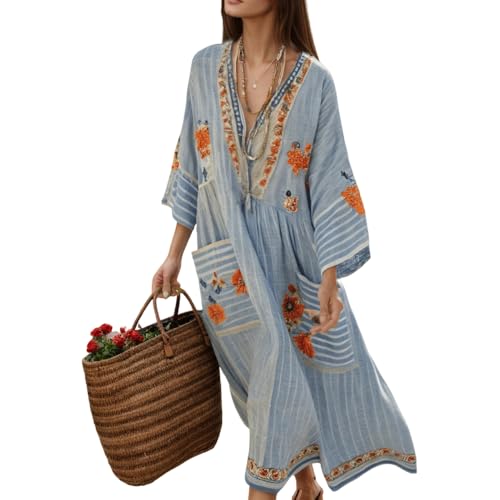Akivide Women's Striped Cotton Linen Maxi Dress Summer Oversized Half