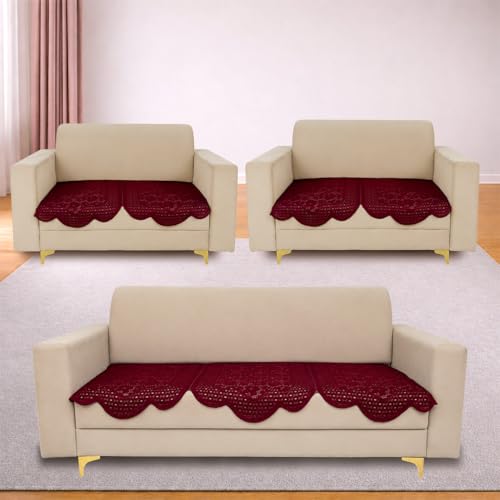 Image of Homerz Premium 'Surya Series' Sofa Cover | Stylish Sofa Protector | Net Fabric | Anti-Stain & Washable Slip Cover Exact Size Antislip (Flower Valley Maroon, 7 (3+2+2) Seater, Only Seat Cover)