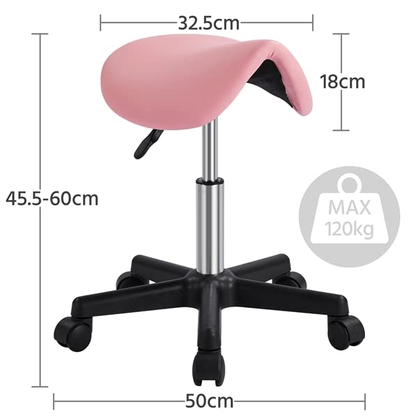 Abician Tabouret Selle de Cheval à roulettes Réglable en Hauteur 45,5-60 cm Rose pour Salon de Beauté Coiffure