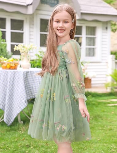 AWIBMK Kids Baby Girls Mesh Long Sleeve Birthday Princess Tulle Tutu Dress Square Neck Smocked Back Wedding Party Dress Green Embroidery Flower 5-6 Years4