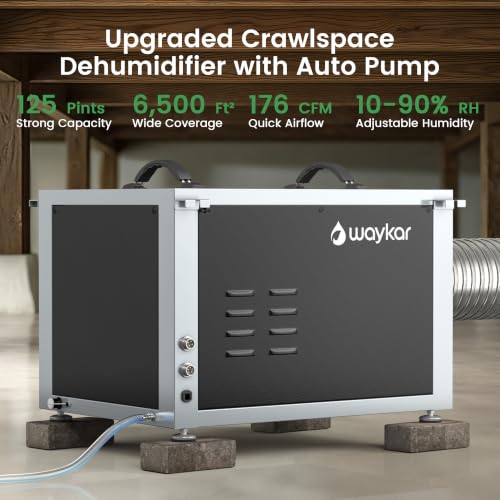 Image of Waykar 125 Pints Crawl Space Dehumidifier with Remote Control and Pump, Dual Duct HVAC Commercial Whole-House Dehumidifier for Basement, Industrial Water Damage Unit - 5-Year Quality Coverage