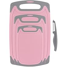 Cutting Boards for Kitchen, Plastic Chopping Board Set of 4 with Non-Slip Feet and Deep Drip Juice Groove, Easy Grip Handle, Dishwasher Safe, BPA Free, Non-porousPink/Gray